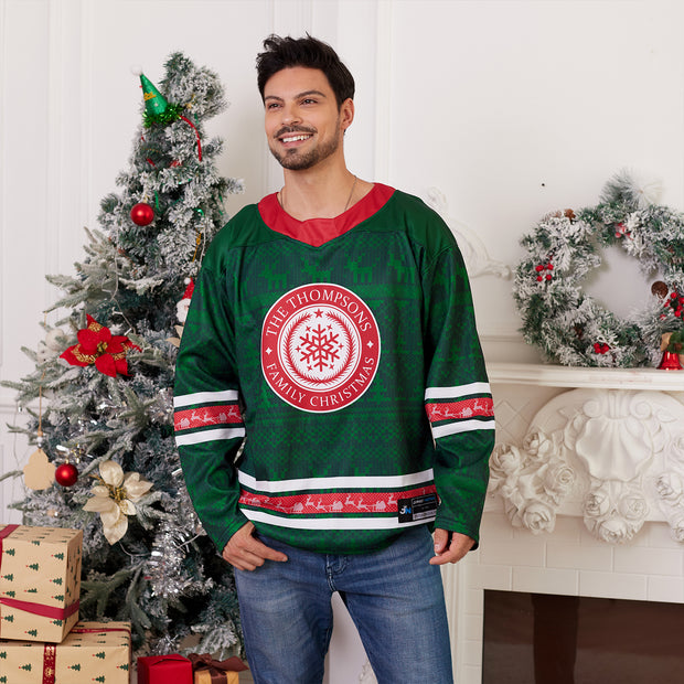 Custom Family Christmas Sweater in Green personalized last name on front, custom name and number on back. holiday matching outfit Hockey Jersey Ugly Christmas Sweater Model Front