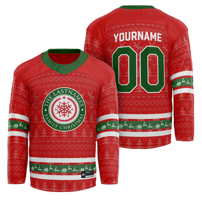 Custom Family Christmas Sweater in red personalized last name on front, custom name and number on back. holiday matching outfit Hockey Jersey Ugly Christmas Sweater 