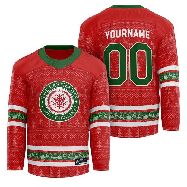 Custom Family Christmas Sweater in red personalized last name on front, custom name and number on back. holiday matching outfit Hockey Jersey Ugly Christmas Sweater 