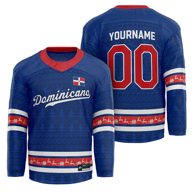 Dominican Republic Blue Christmas Custom Hockey Jersey Personalized Family Outfit Holidays