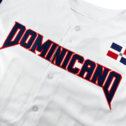 Dominican Republic White Heritage Custom Baseball Jersey Dominicano Closeup Embroidered Front