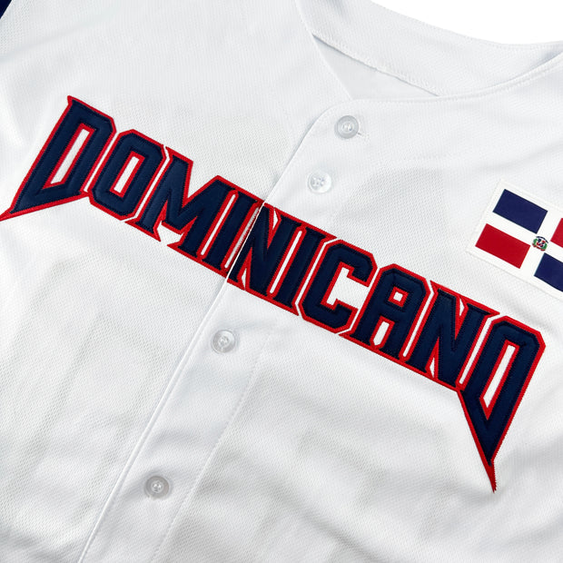 Dominican Republic White Heritage Custom Baseball Jersey Dominicano Closeup Embroidered Front