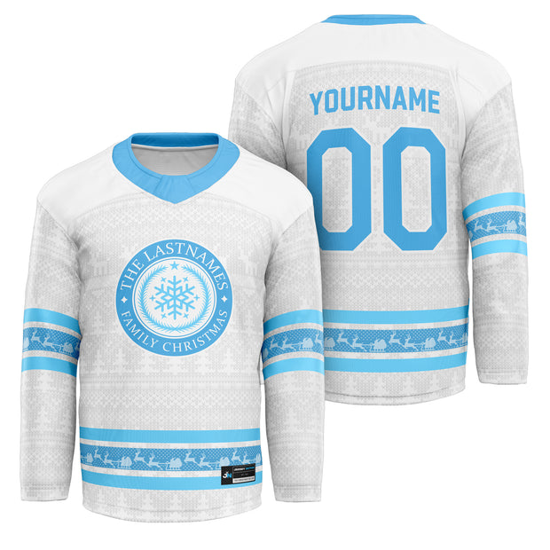 Family Christmas White Icy Blue Custom Hockey Jersey Xmas Sweater 