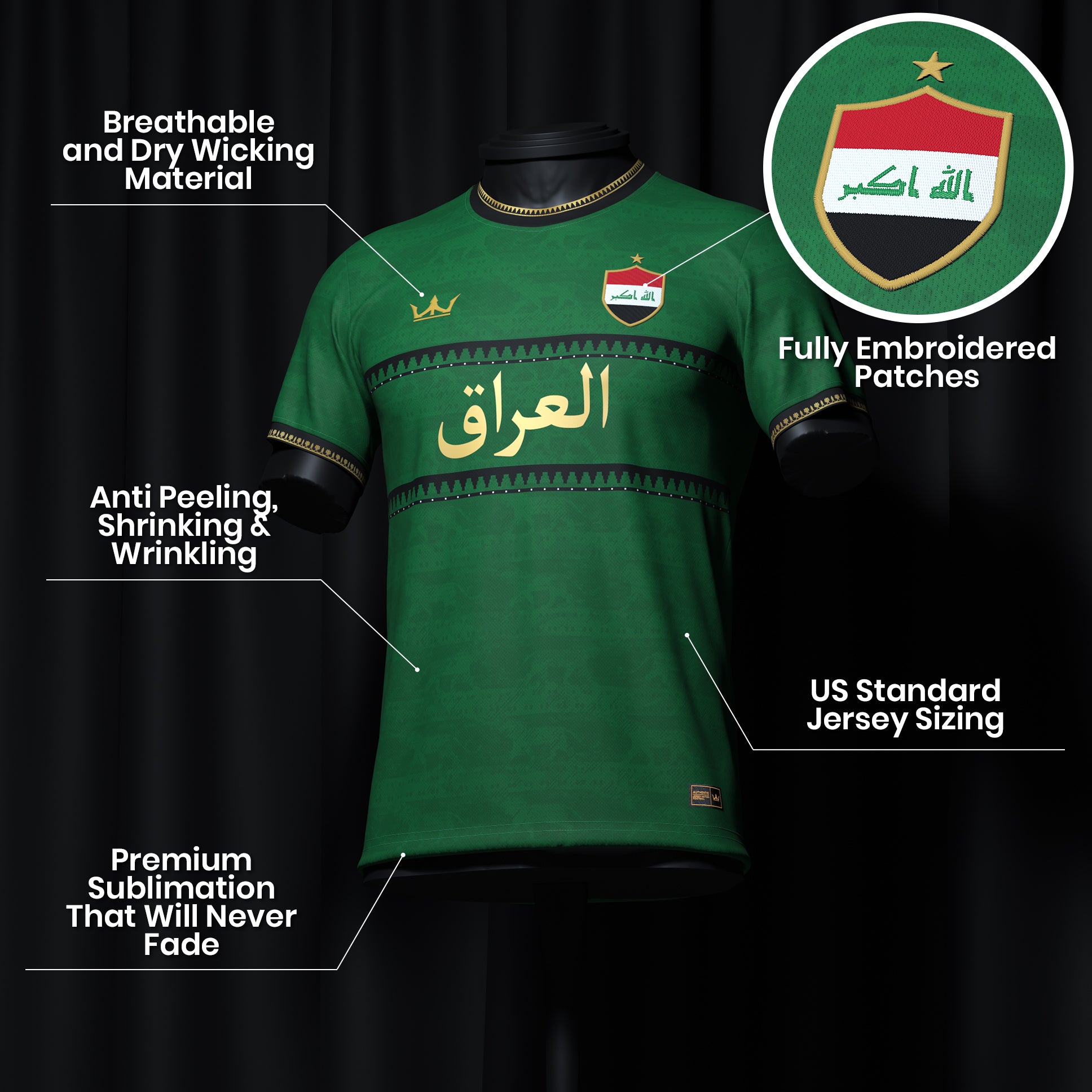 Iraq Heritage Green Custom Football Jersey Details World Shirt