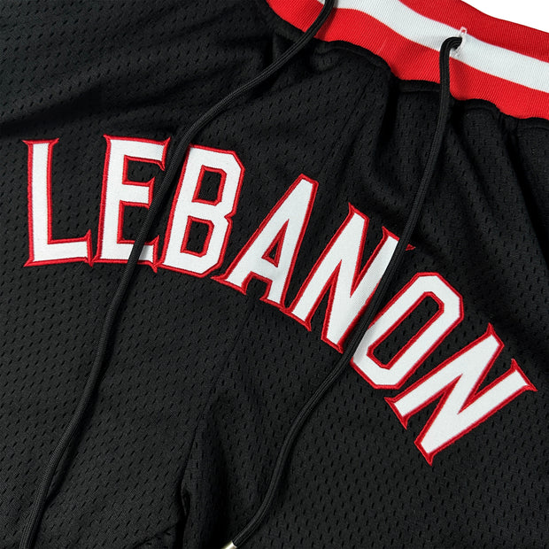 Lebanon Heritage Black Basketball Shorts Embroidered Closeup Front