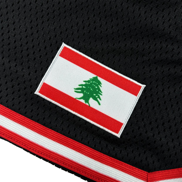 Lebanon Heritage Black Basketball Shorts Embroidered Flag Closeup