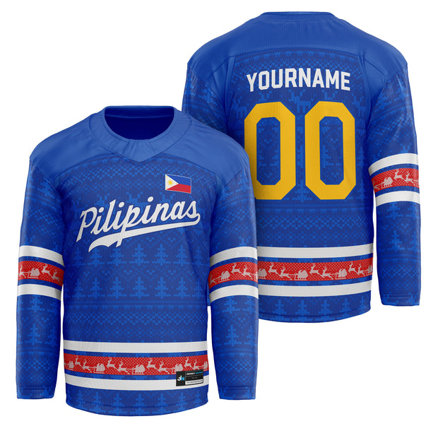 Philippines Blue Christmas Custom Hockey Jersey Personalized Family Outfit Holidays