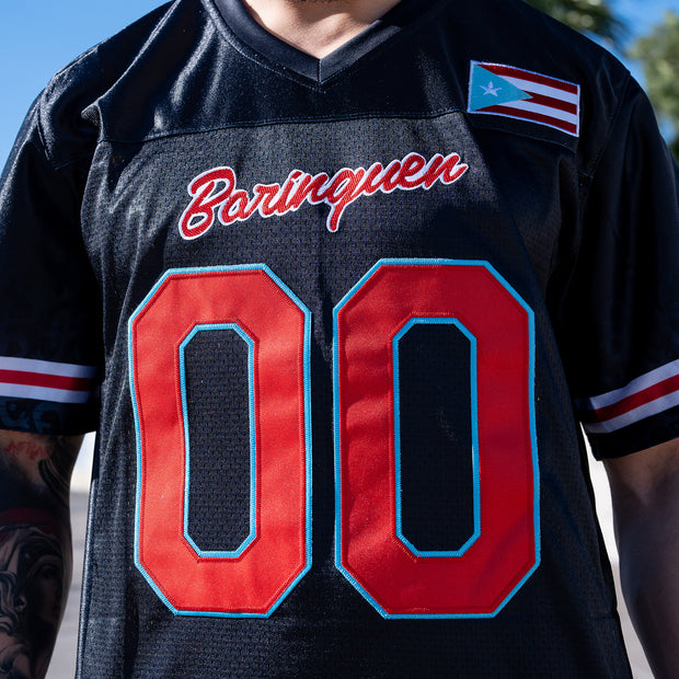 Puerto Rico Azul Celeste Black Heritage Custom American Football Jersey Closeup