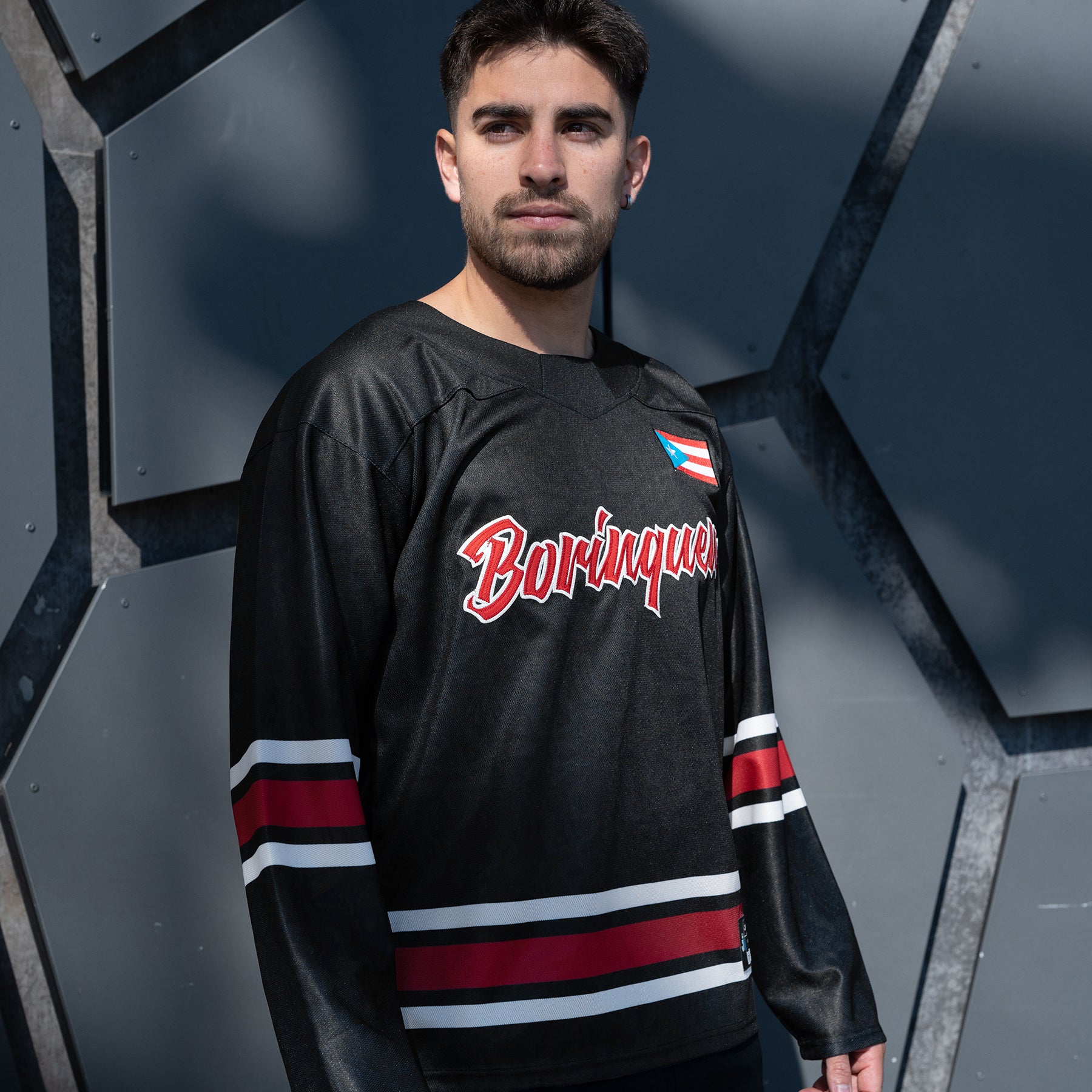 Puerto Rico Black Azul Celeste Heritage Custom Hockey Black Jersey Model Styling Side