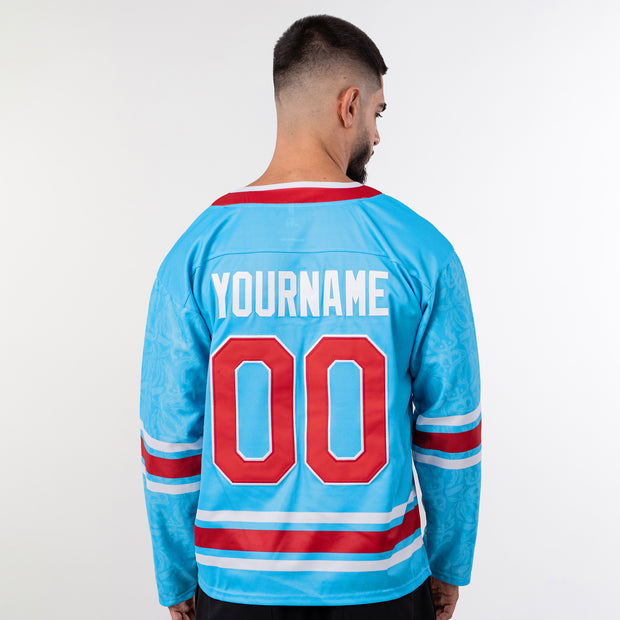Puerto Rico Borinquen Azul Celeste Heritage Custom Hockey Jersey Model Back