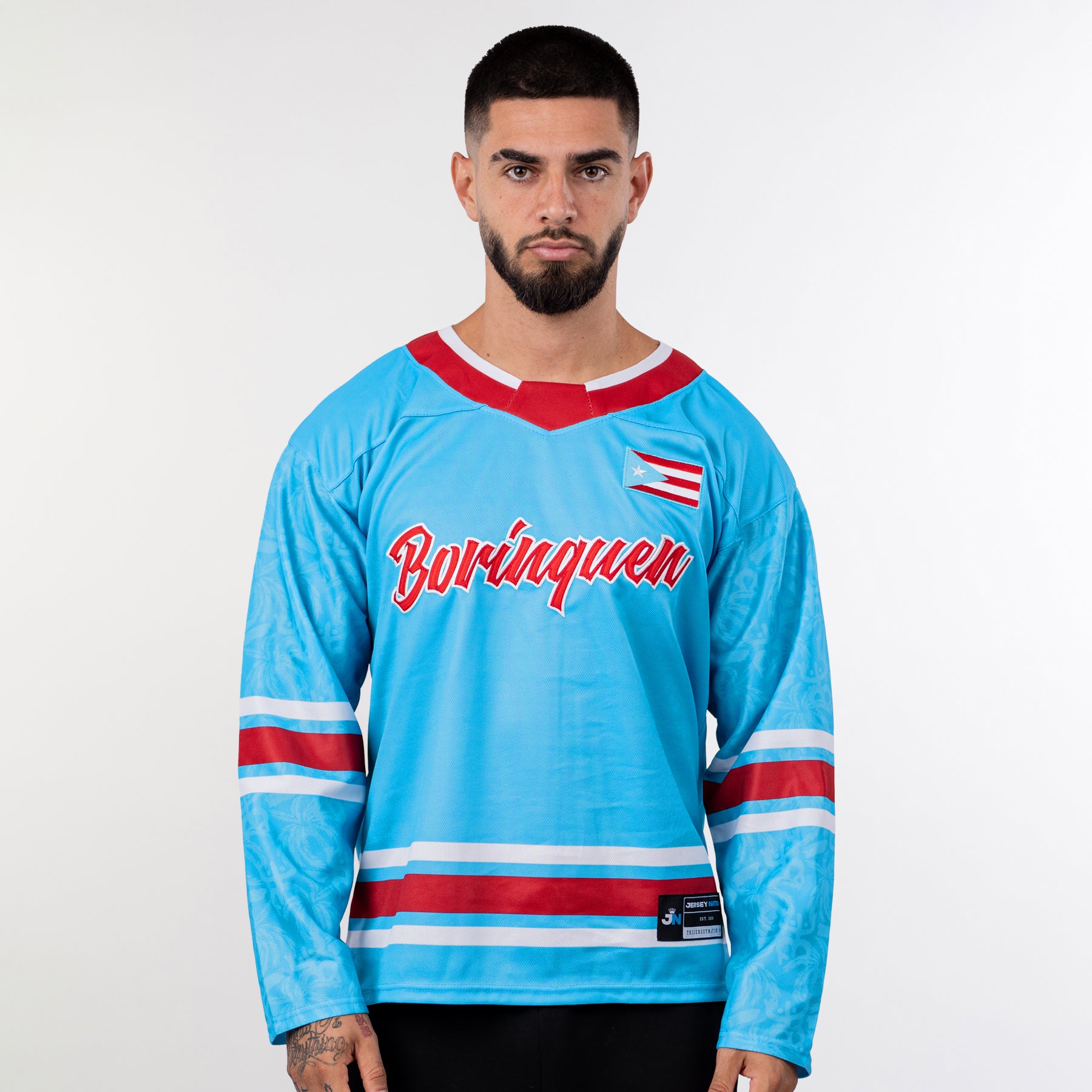 Puerto Rico Borinquen Azul Celeste Heritage Custom Hockey Jersey Model Front