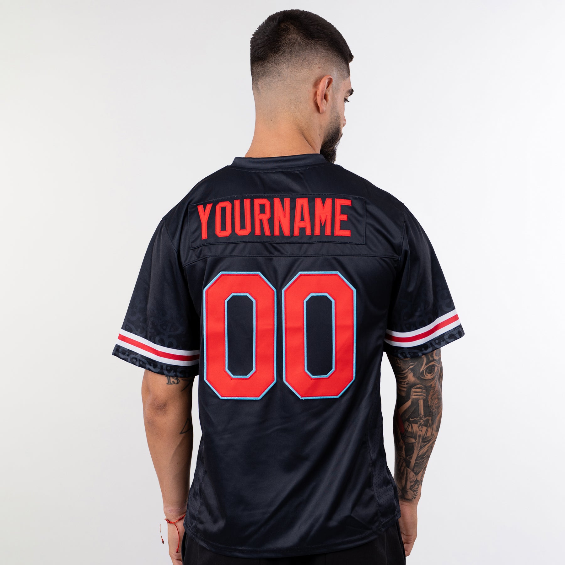 Puerto Rico Borinquen Heritage Custom American Football Black Azul Celeste Jersey Model Back Customized 