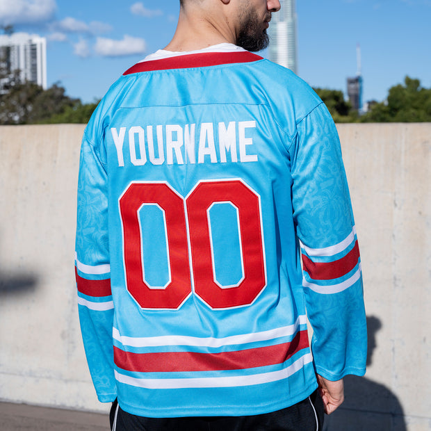 Puerto Rico Borinquen Heritage Custom Hockey Jersey Azul Celeste Back
