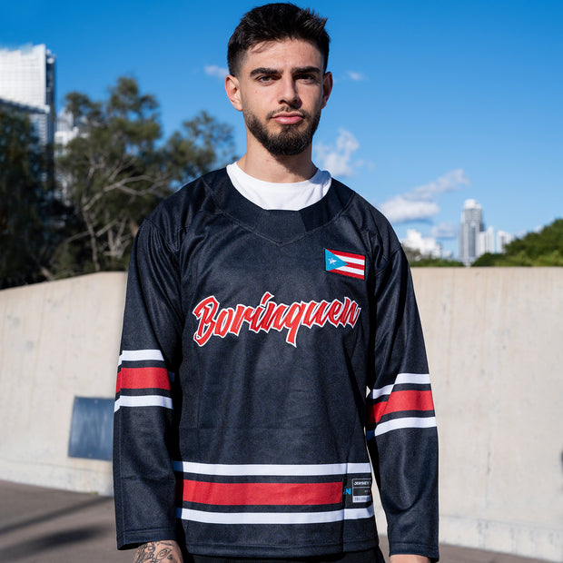 Puerto Rico Borinquen Heritage Custom Hockey Jersey Black Azul Celeste Stitched
