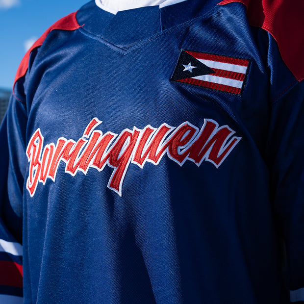 Puerto Rico Borinquen Heritage Custom Hockey Jersey Navy Blue Closeup