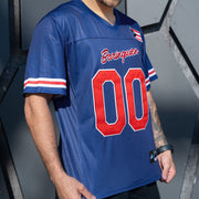 Puerto Rico Borinquen Heritage Navy Blue Custom American Football Jersey Model Closeup