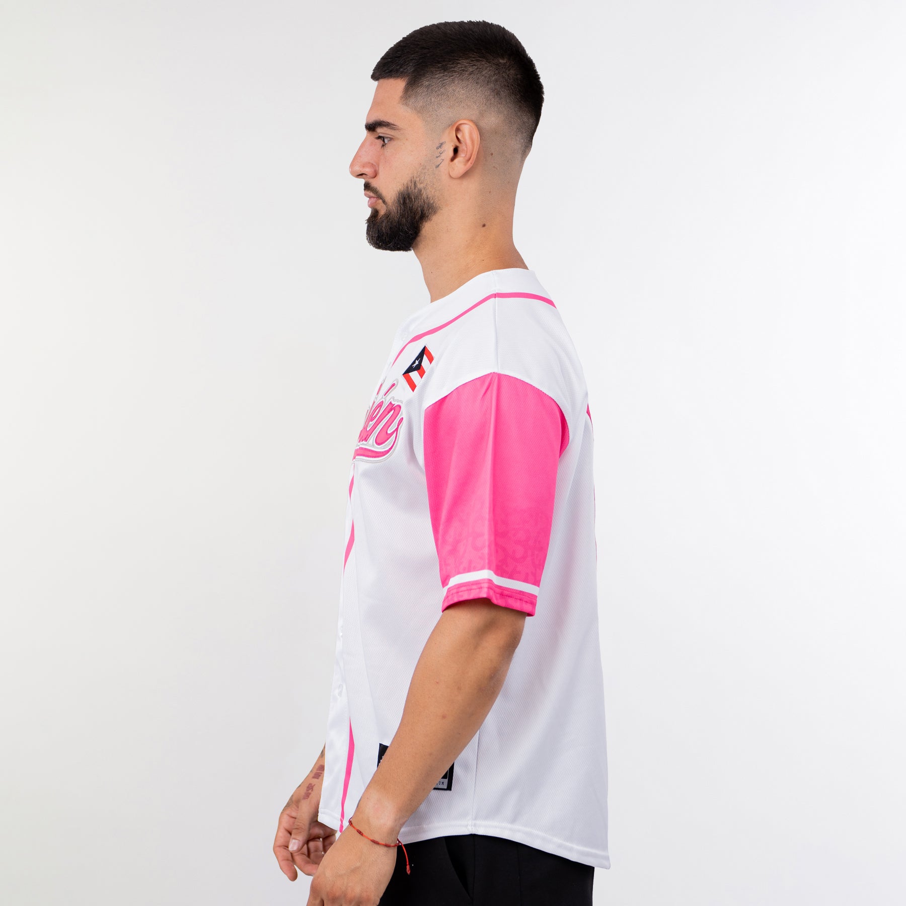 Puerto Rico Heritage Custom Pink Baseball Jersey Model Sleeves Side